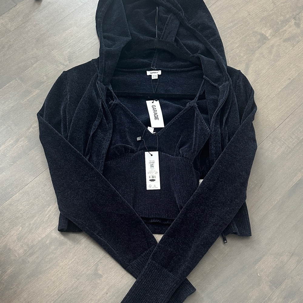 Garage navy chenille set - cropped zip hoodie and cami NWT!